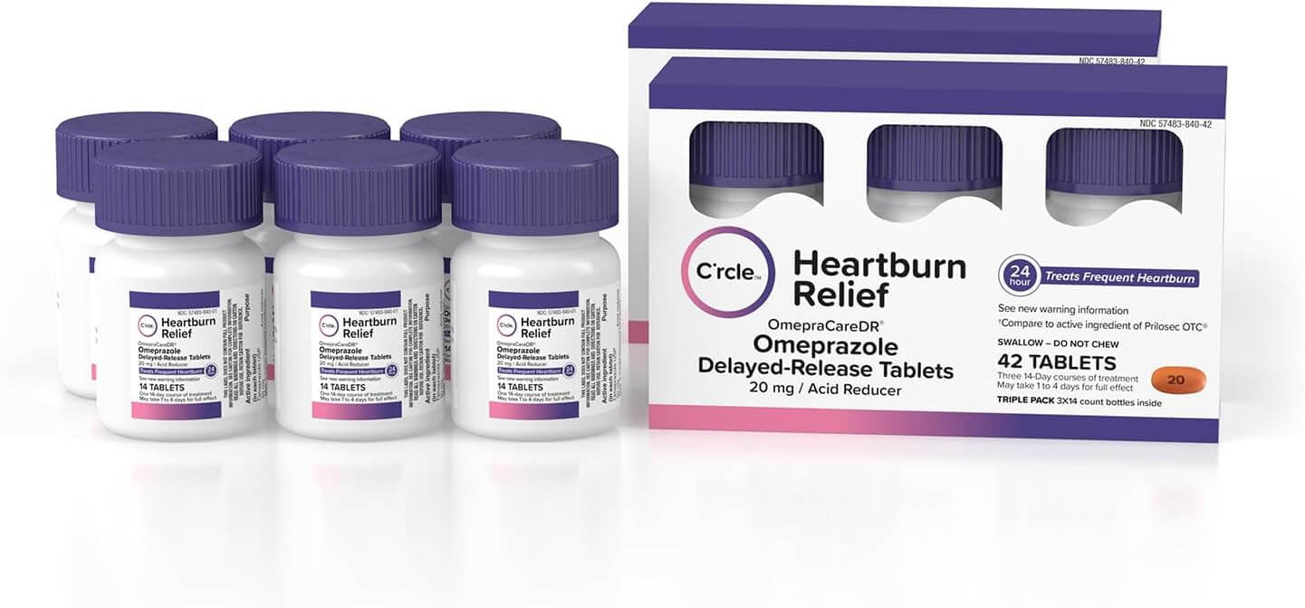 C’rcle Omeprazole 20mg Tablets (84 Ct, Six 14 Day Courses) - Delayed-Release Heartburn Medicine - Daily Use Acid Reducer for Frequent Heartburn Relief & Acid Reflux Relief